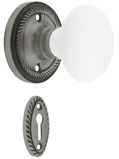 Rope Rosette Mortise Lock Set With White Porcelain Door Knobs in Antique Pewter.